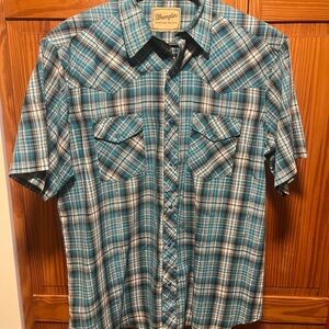 Wrangler Blue Plaid Short Sleeve Pearl Snap Shirt w/Metallic Accent Size XL